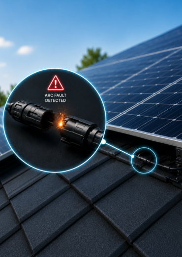 Solar panel connector with an illustrated electrical arc fault, showing AFCI 2.0 detection and automatic shutdown for enhanced fire protection.
