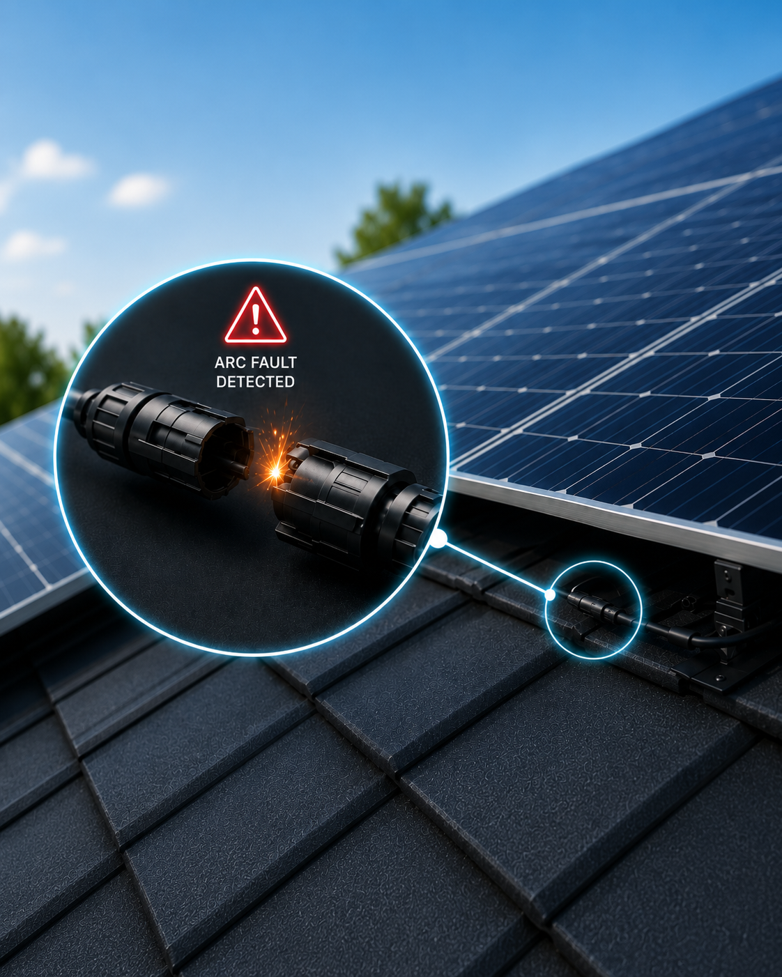 Solar panel connector with an illustrated electrical arc fault, showing AFCI 2.0 detection and automatic shutdown for enhanced fire protection.
