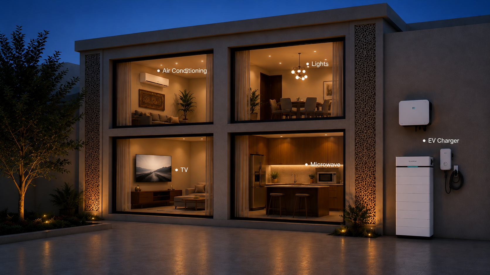Modern home powered by a solar battery storage system, supplying backup electricity to essential appliances including air conditioning, lights, TV, microwave, and an EV charger during a power outage.