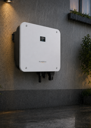 White hybrid solar inverter installed on an exterior wall, demonstrating IP65 and C5 weather resistant protection for outdoor use.