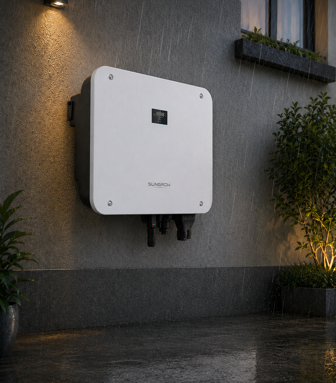 White hybrid solar inverter installed on an exterior wall, demonstrating IP65 and C5 weather resistant protection for outdoor use.