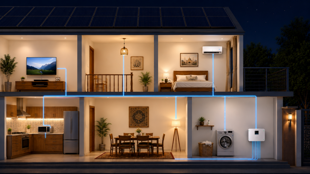 Cross-sectional illustration of a modern Pakistani home powered by a Sungrow solar energy storage system, with blue energy lines connecting the inverter to a TV, air conditioner, lighting, microwave oven, and washing machine.
