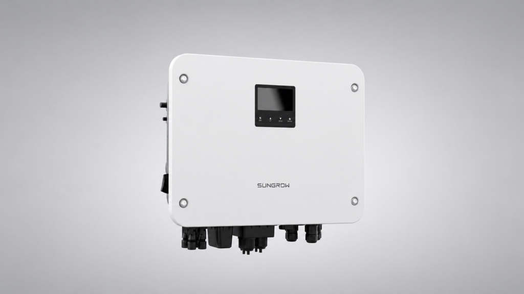 Sungrow residential hybrid solar inverter with integrated display on a clean gray gradient background, front-facing product image for home solar energy storage systems.