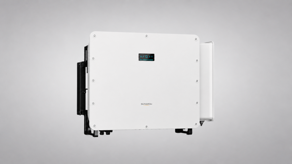 Front view of the Sungrow SH125CX commercial string inverter on a clean gray gradient background, designed for high-efficiency commercial and industrial solar power systems.