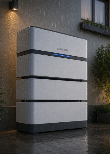 Sungrow SBH battery storage system installed outdoors in the rain, demonstrating its weather resistant design for reliable residential energy storage.