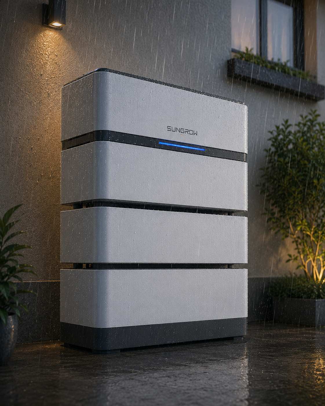 Sungrow SBH battery storage system installed outdoors in the rain, demonstrating its weather resistant design for reliable residential energy storage.