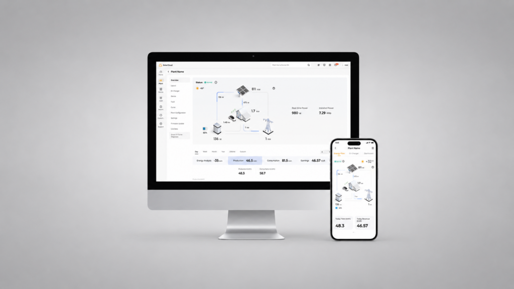 iSolarCloud interface on a laptop and a mobile screen