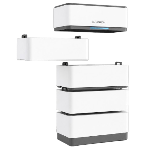 Exploded view of a modular stackable Sungrow battery system showing individual battery modules assembled into a scalable residential energy storage unit.