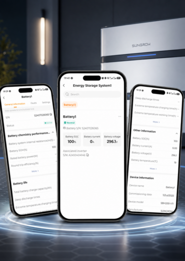 iSolarCloud mobile app displaying real time monitoring and performance data for a Sungrow SBH battery system, including battery status, charge level, voltage, current, and system health.