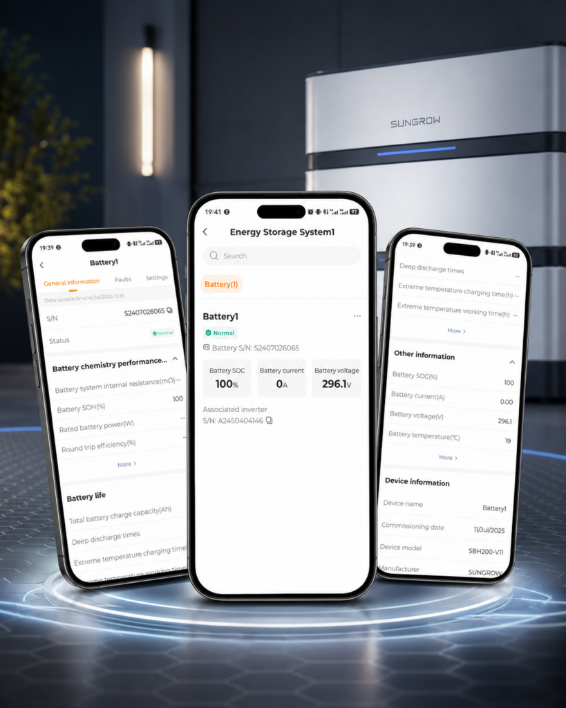 iSolarCloud mobile app displaying real time monitoring and performance data for a Sungrow SBH battery system, including battery status, charge level, voltage, current, and system health.