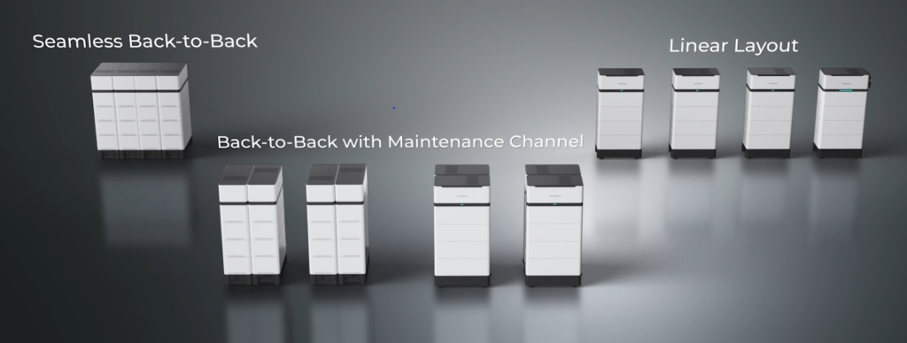 ST050-250CF battery storage system showcasing space-efficient installation layouts, including seamless back-to-back, maintenance channel, and linear configurations.